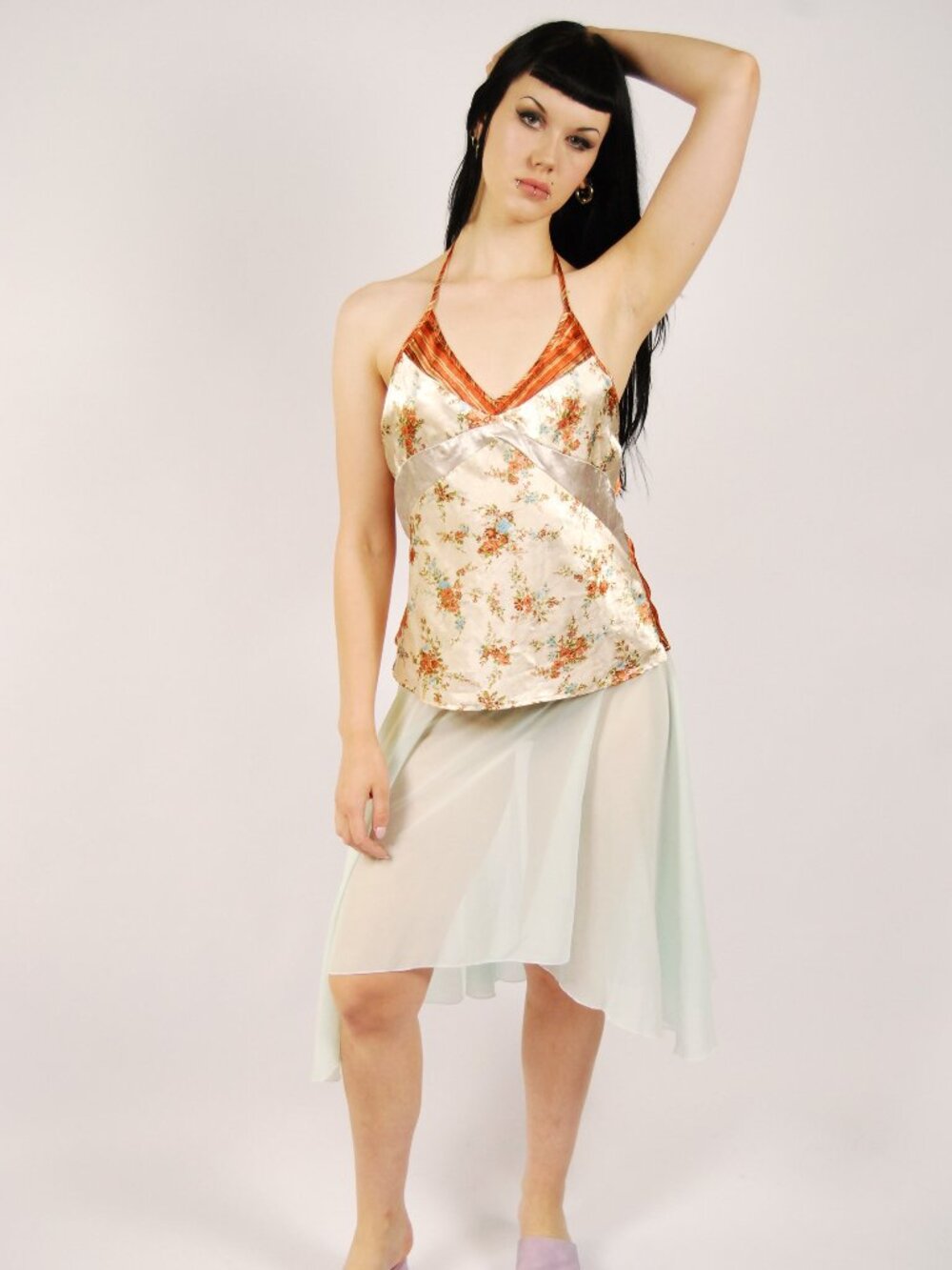 Y2K Satin Halter Top (M) white orange vintage womens Xhilaration floral striped